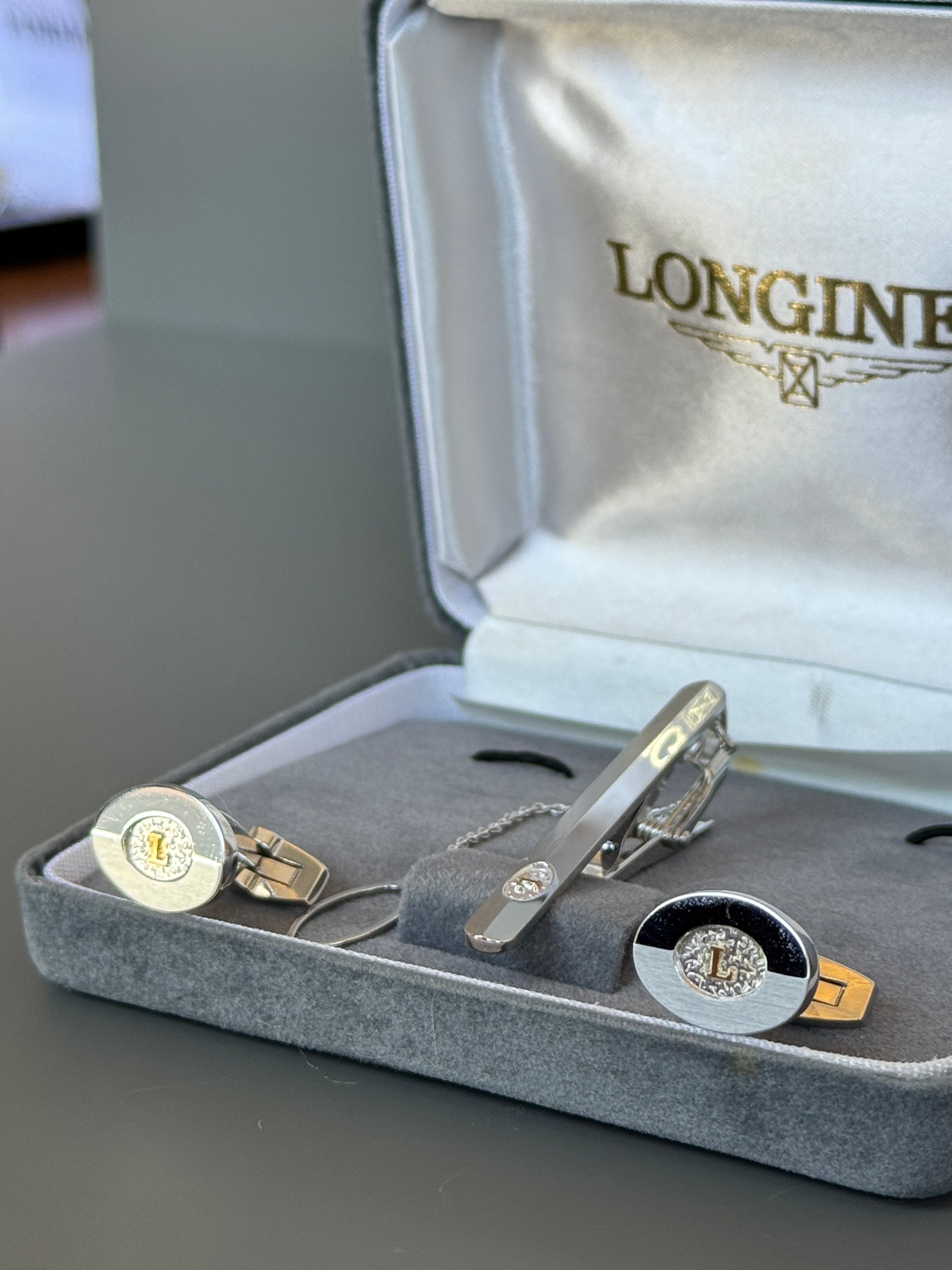 Longines Silver Deluxe Cufflink & Tie Clip Set - Stylish Men's Accessories in a Special Box