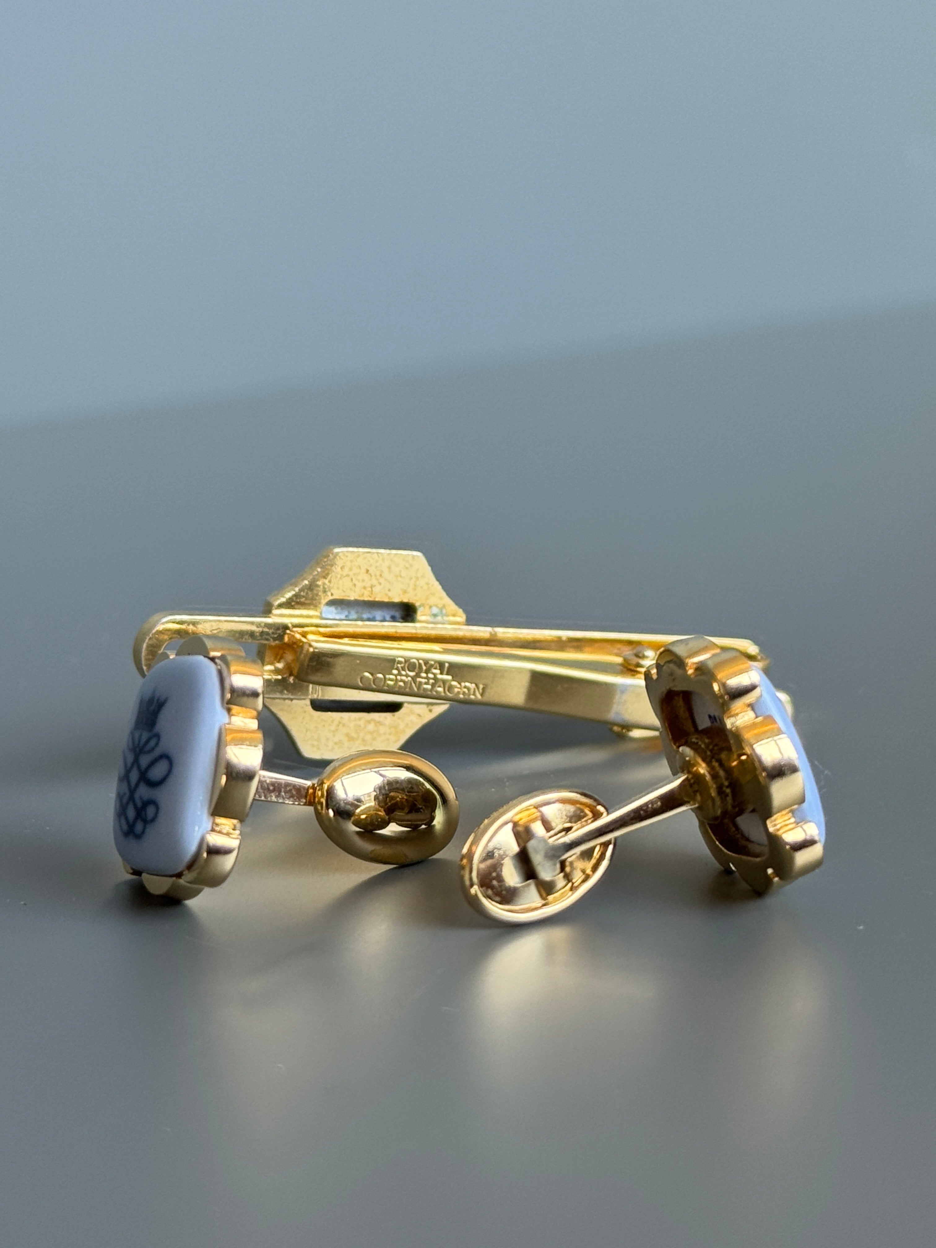 Royal Copenhagen Swank Blue Porcelain Cufflink & Tie Clip Set - Luxury Men's Accessory with Gold Details
