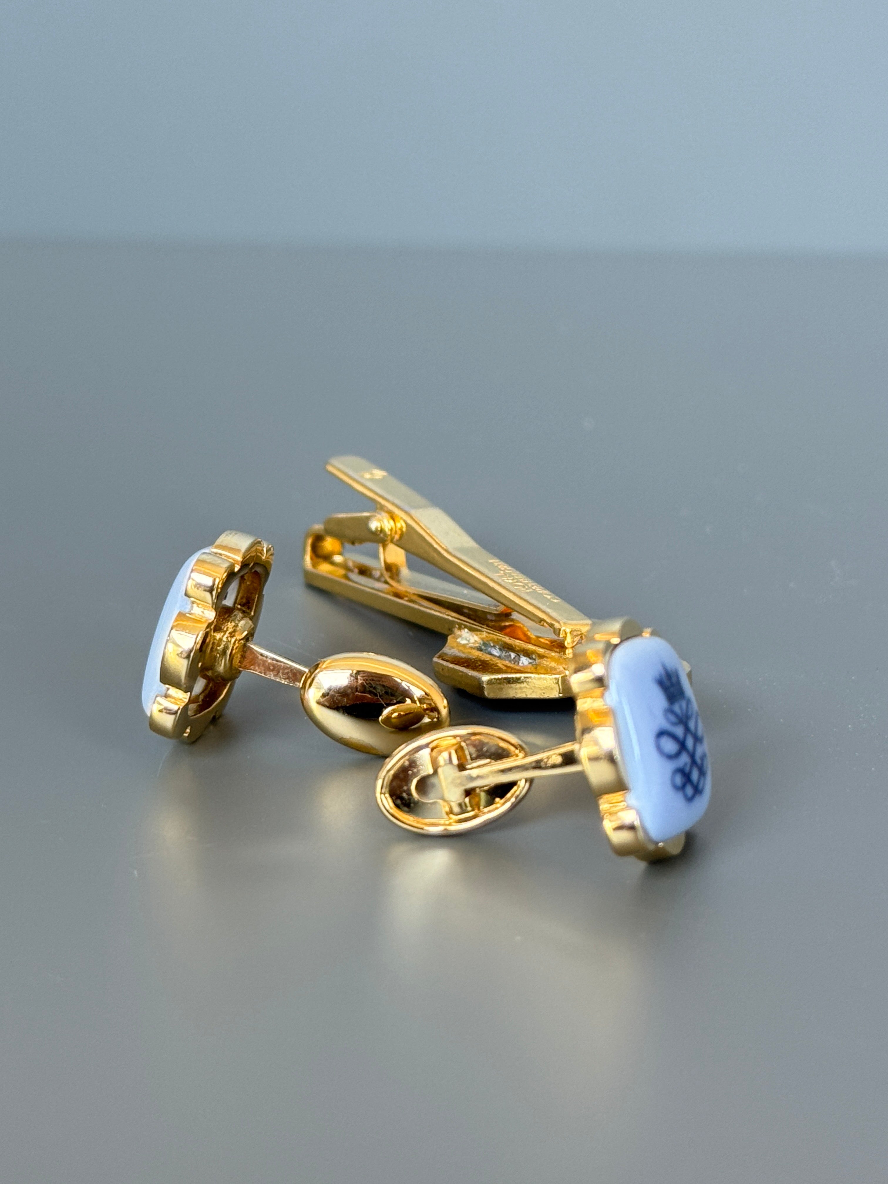 Royal Copenhagen Swank Blue Porcelain Cufflink & Tie Clip Set - Luxury Men's Accessory with Gold Details