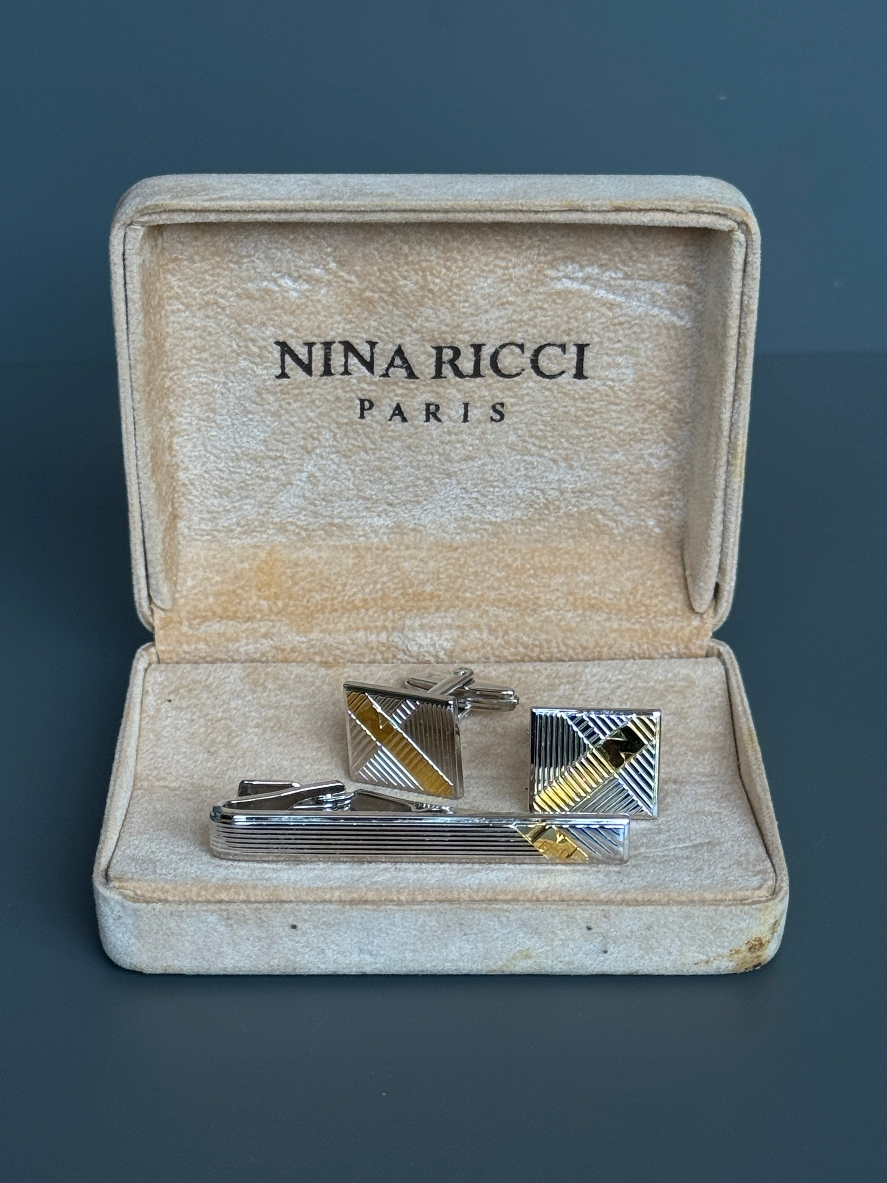 Nina Ricci Paris Men's Accessory Set – Silver & Gold Detailed Cufflinks and Tie Pin | Luxury Gift Box