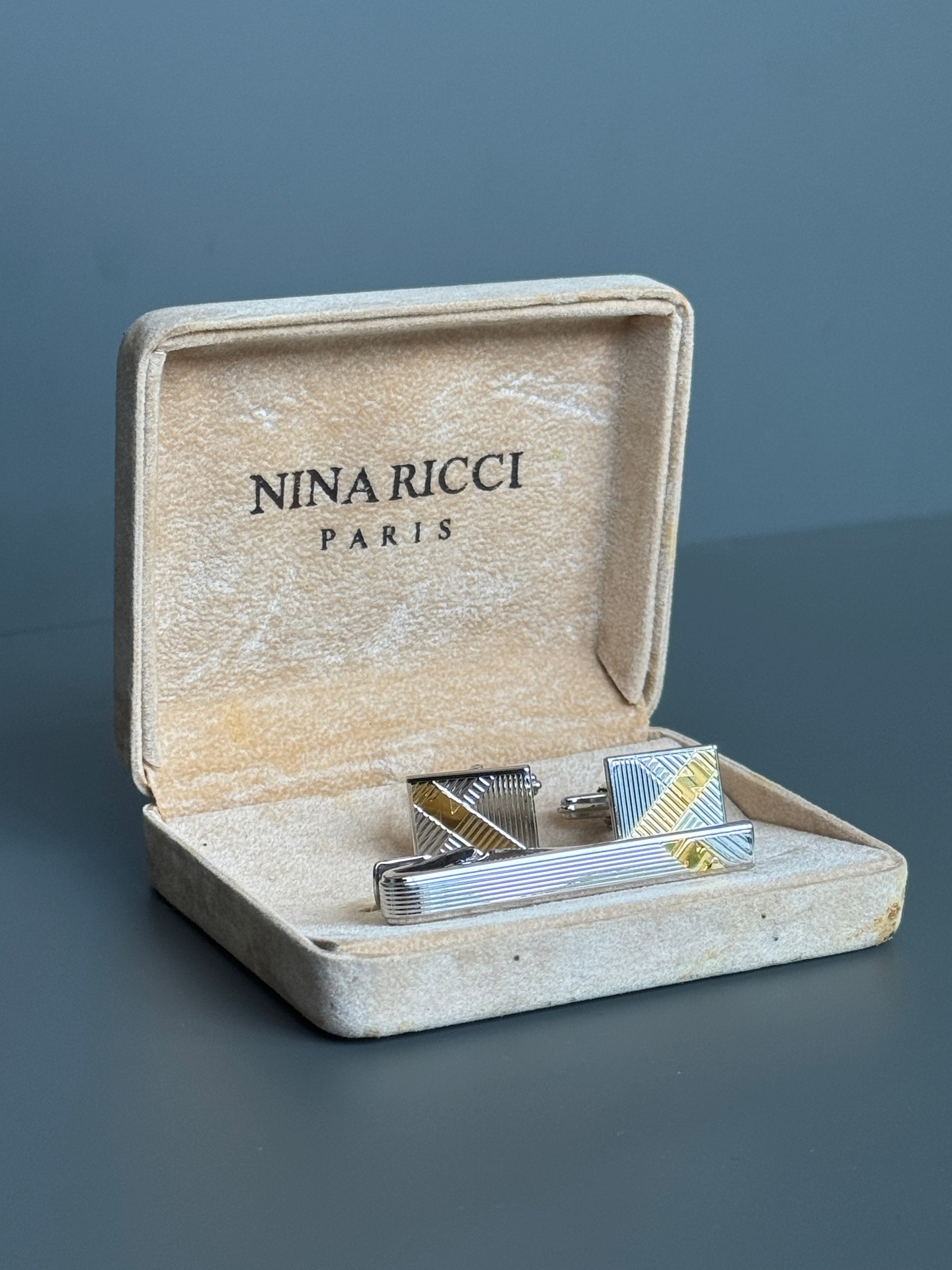 Nina Ricci Paris Men's Accessory Set – Silver & Gold Detailed Cufflinks and Tie Pin | Luxury Gift Box
