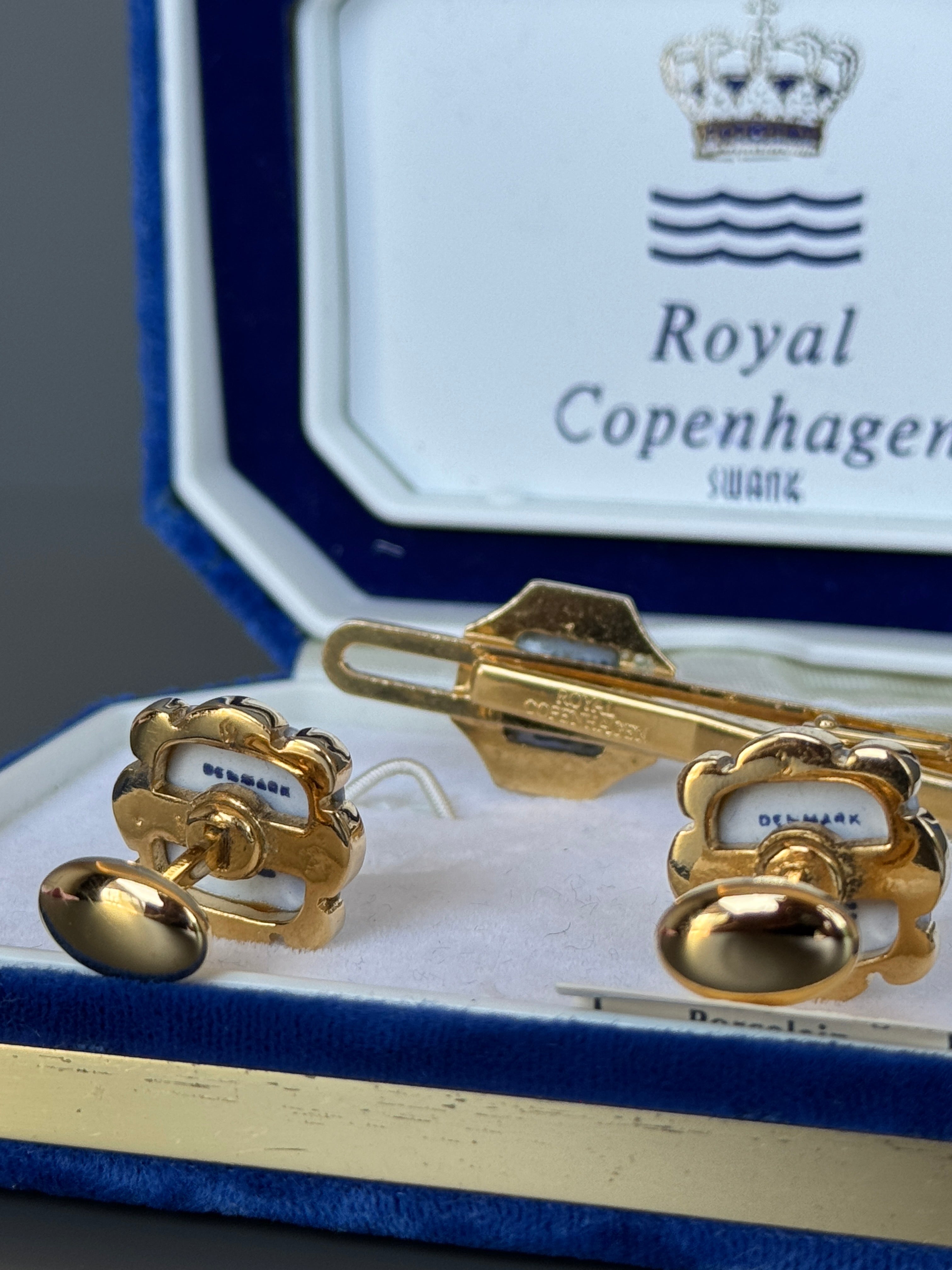 Royal Copenhagen Swank Blue Porcelain Cufflink & Tie Clip Set - Luxury Men's Accessory with Gold Details
