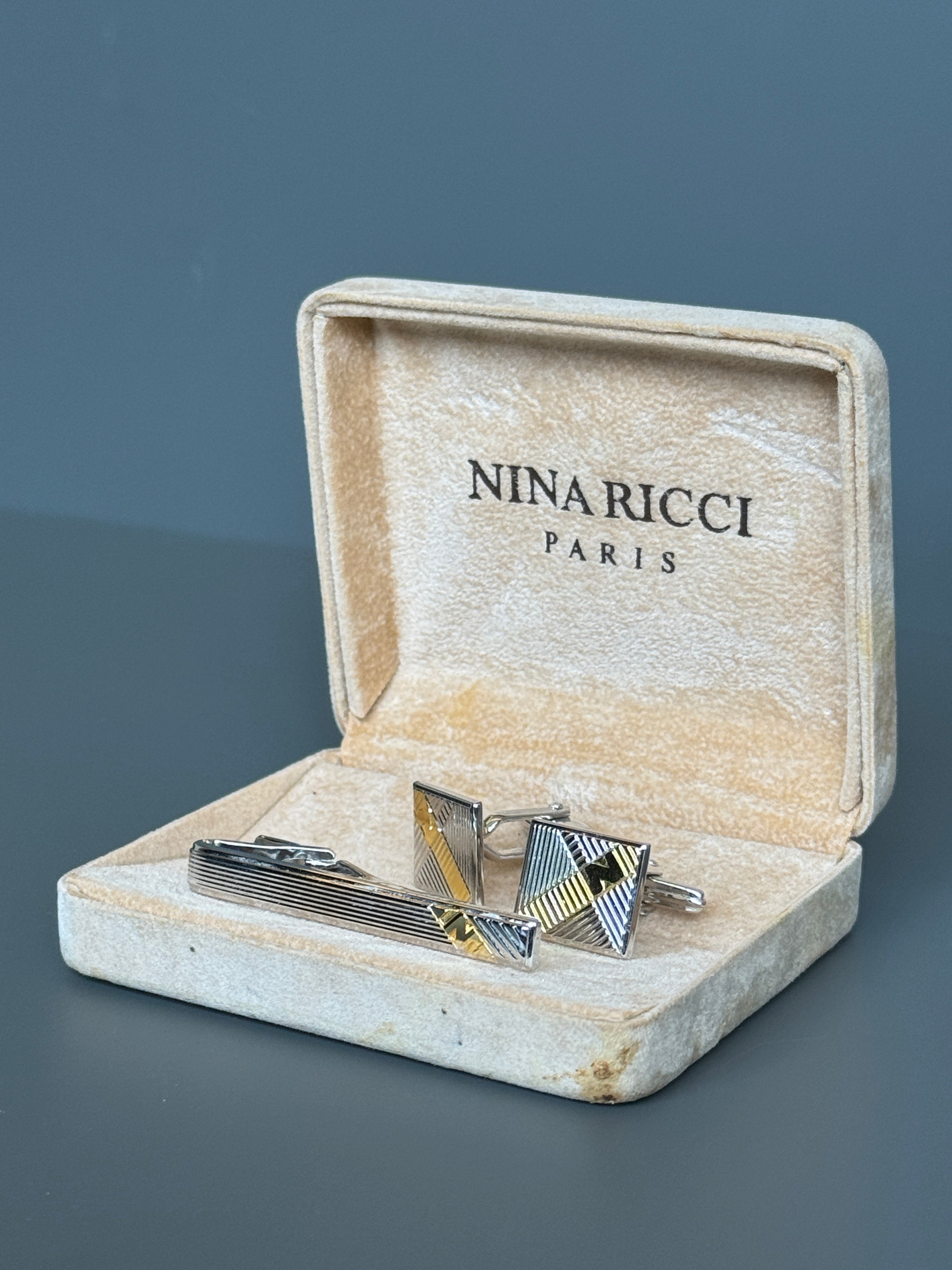 Nina Ricci Paris Men's Accessory Set – Silver & Gold Detailed Cufflinks and Tie Pin | Luxury Gift Box