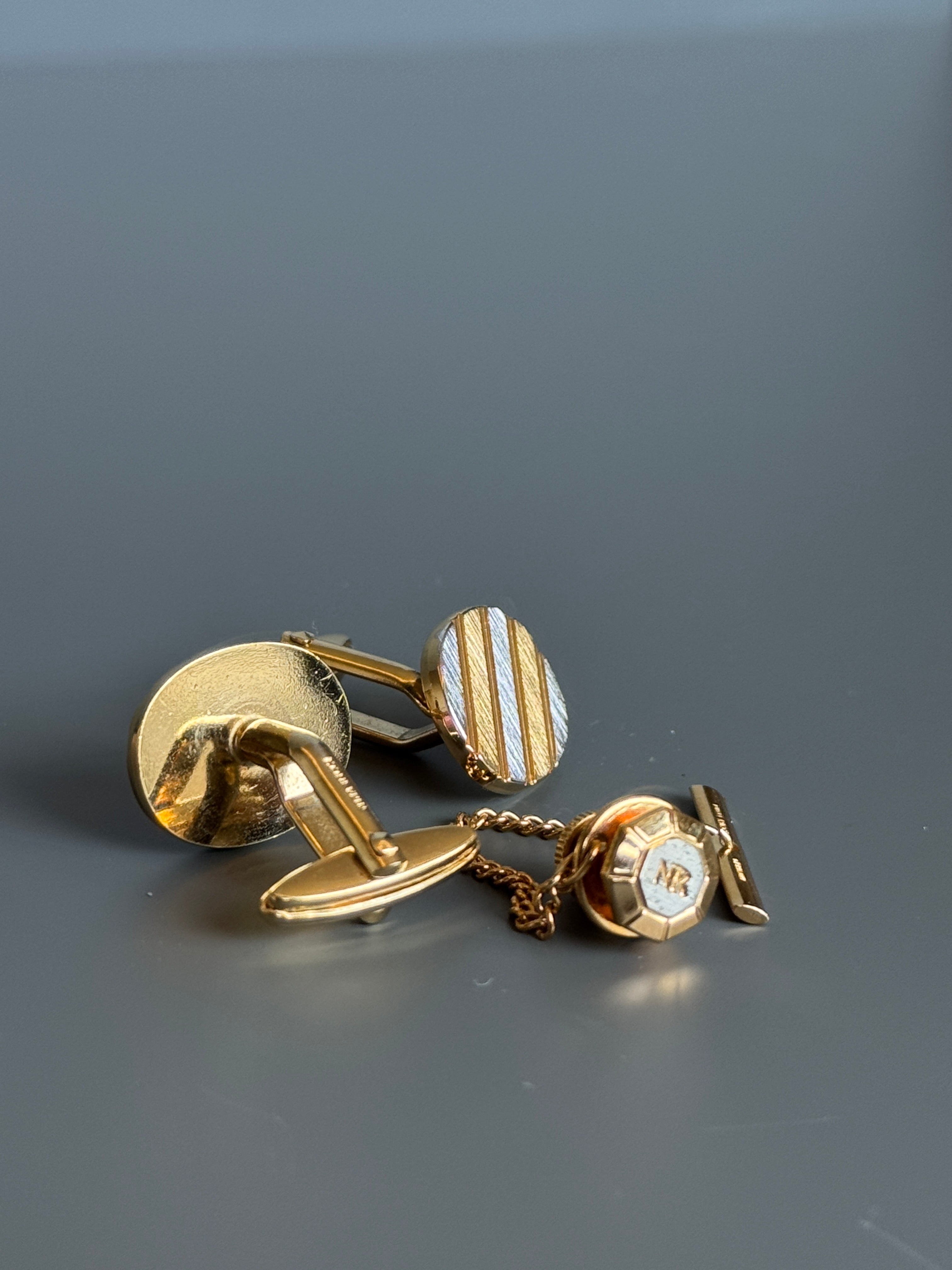Nina Ricci Paris Gold & Silver Stripe Cufflink Set - Timeless French Men's Elegance