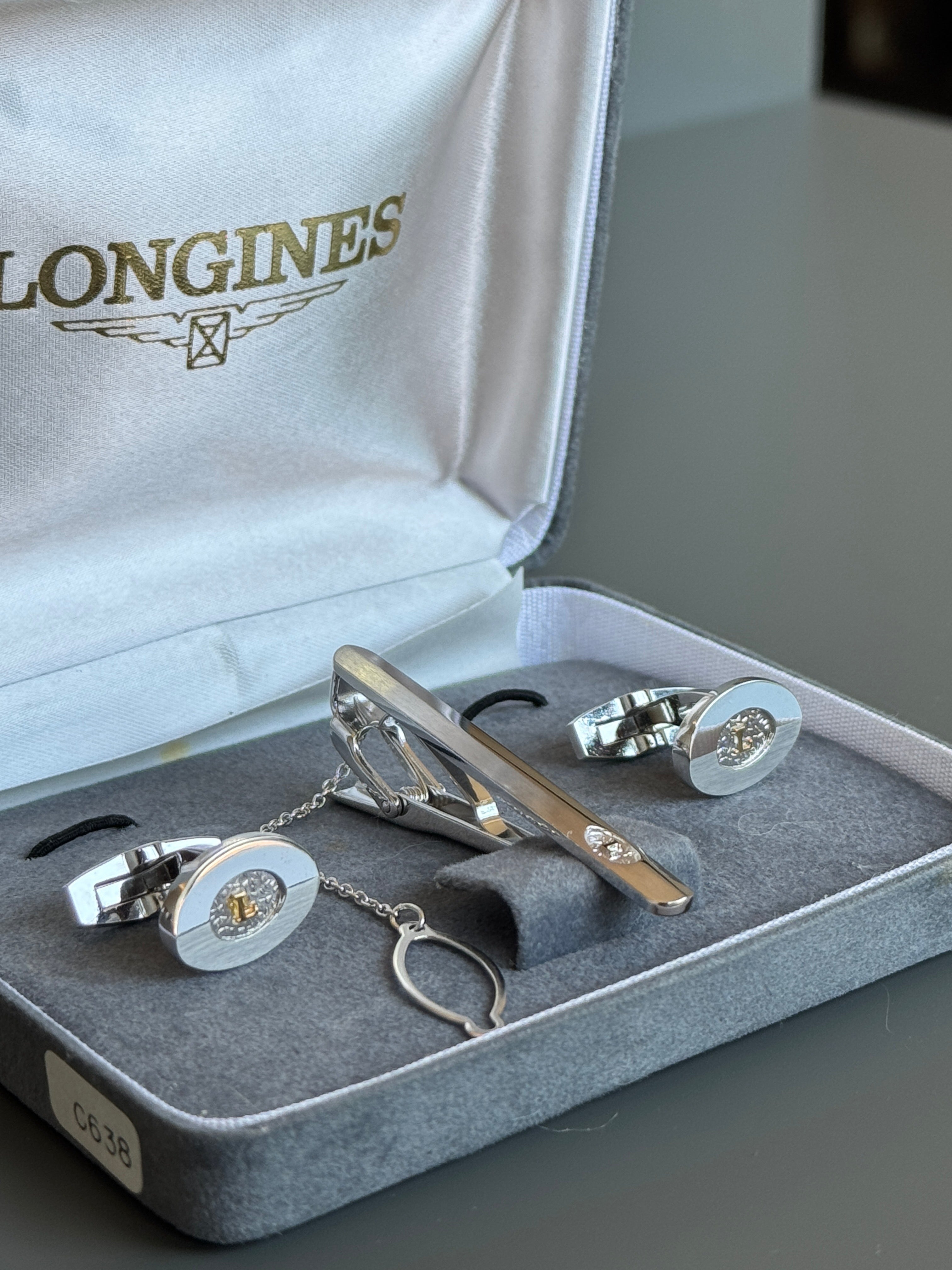 Longines Silver Deluxe Cufflink & Tie Clip Set - Stylish Men's Accessories in a Special Box