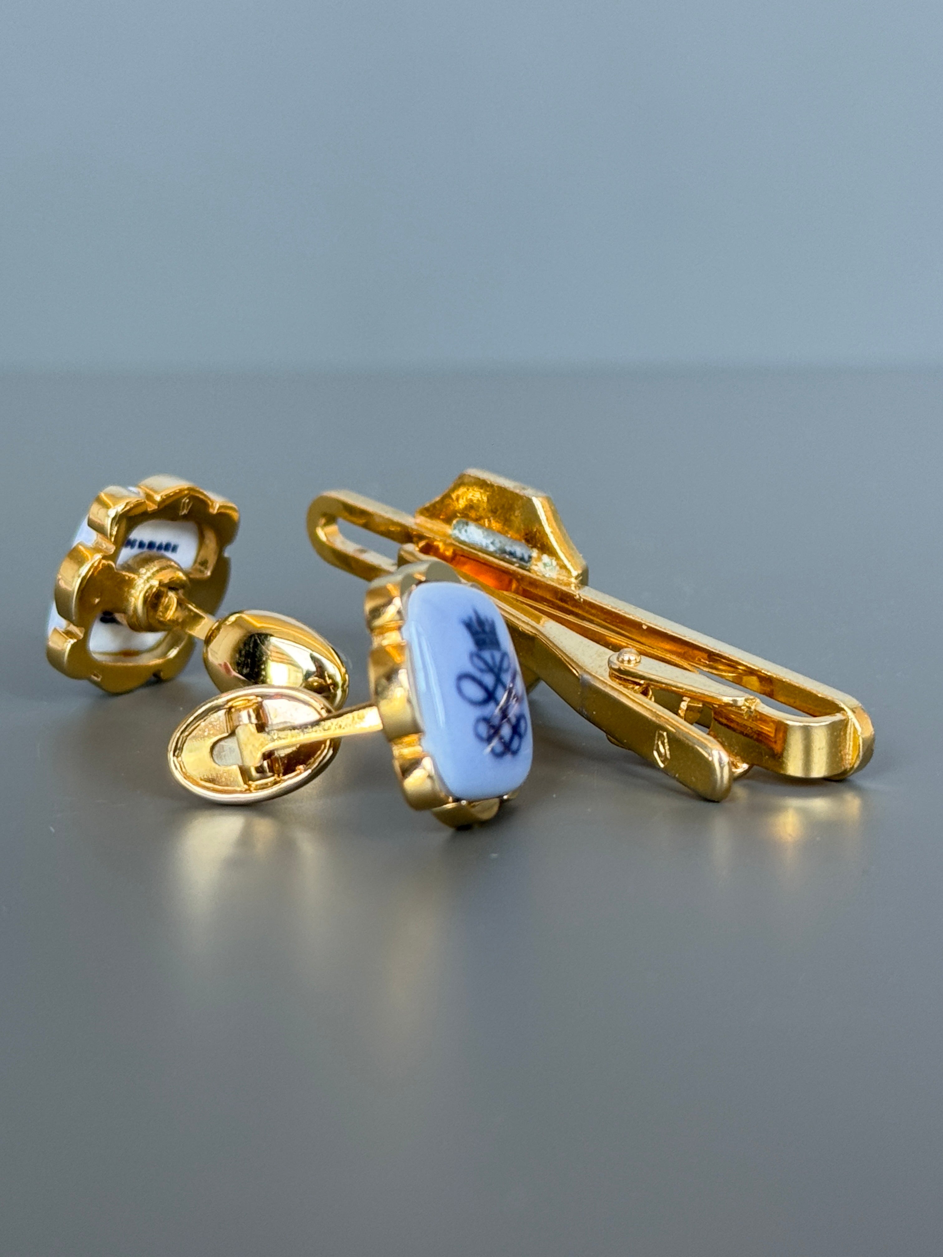 Royal Copenhagen Swank Blue Porcelain Cufflink & Tie Clip Set - Luxury Men's Accessory with Gold Details