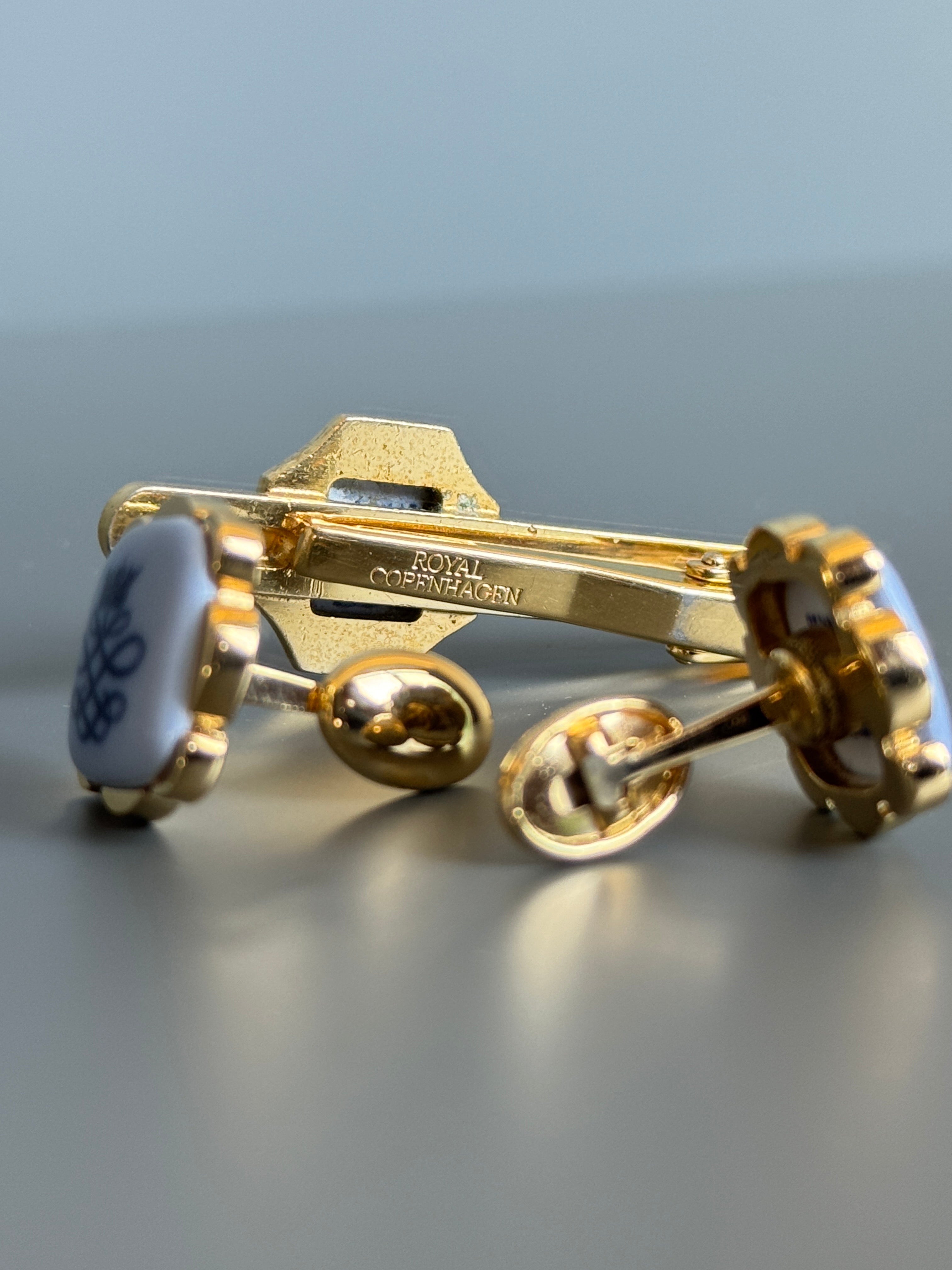 Royal Copenhagen Swank Blue Porcelain Cufflink & Tie Clip Set - Luxury Men's Accessory with Gold Details