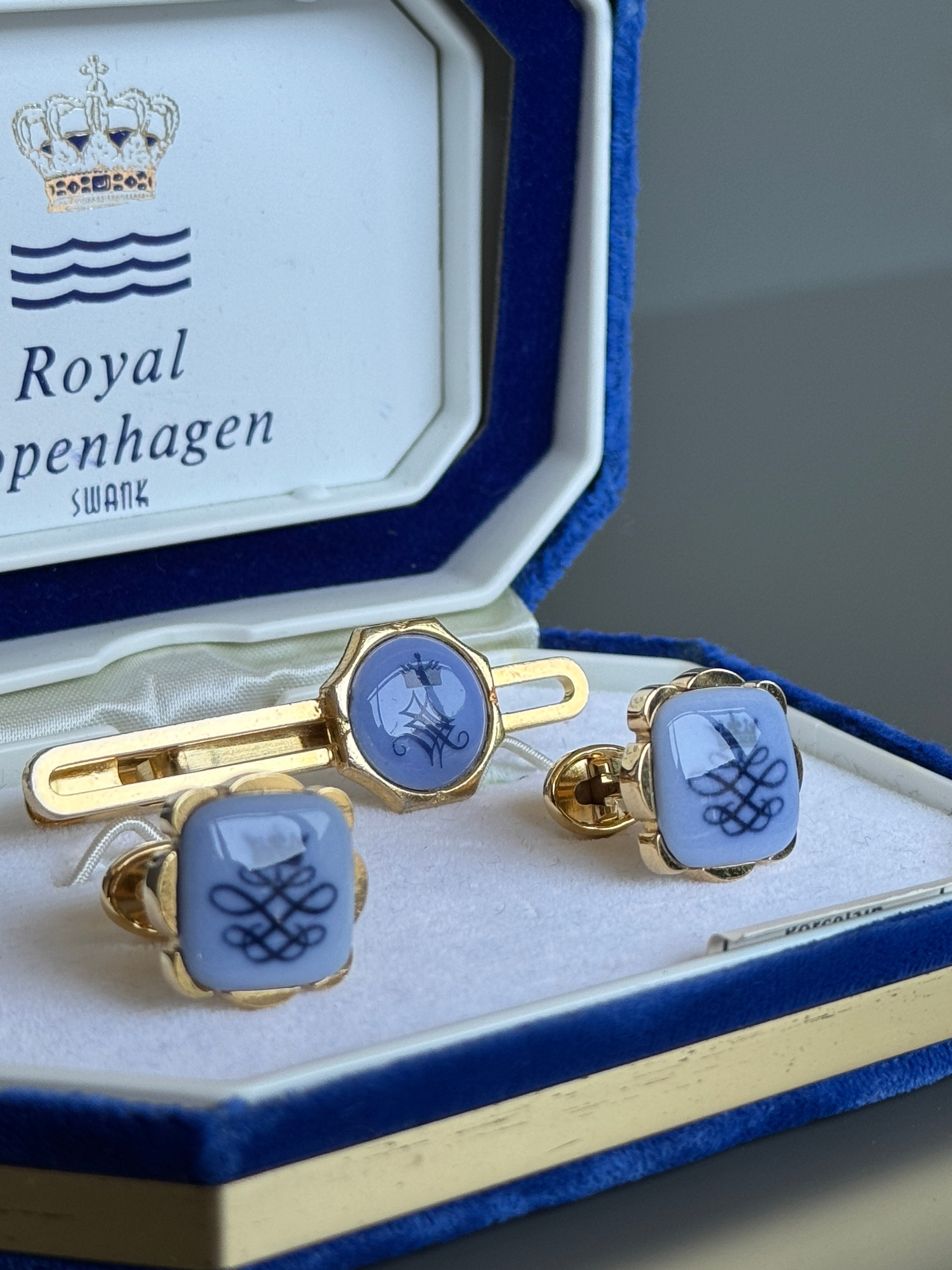 Royal Copenhagen Swank Blue Porcelain Cufflink & Tie Clip Set - Luxury Men's Accessory with Gold Details