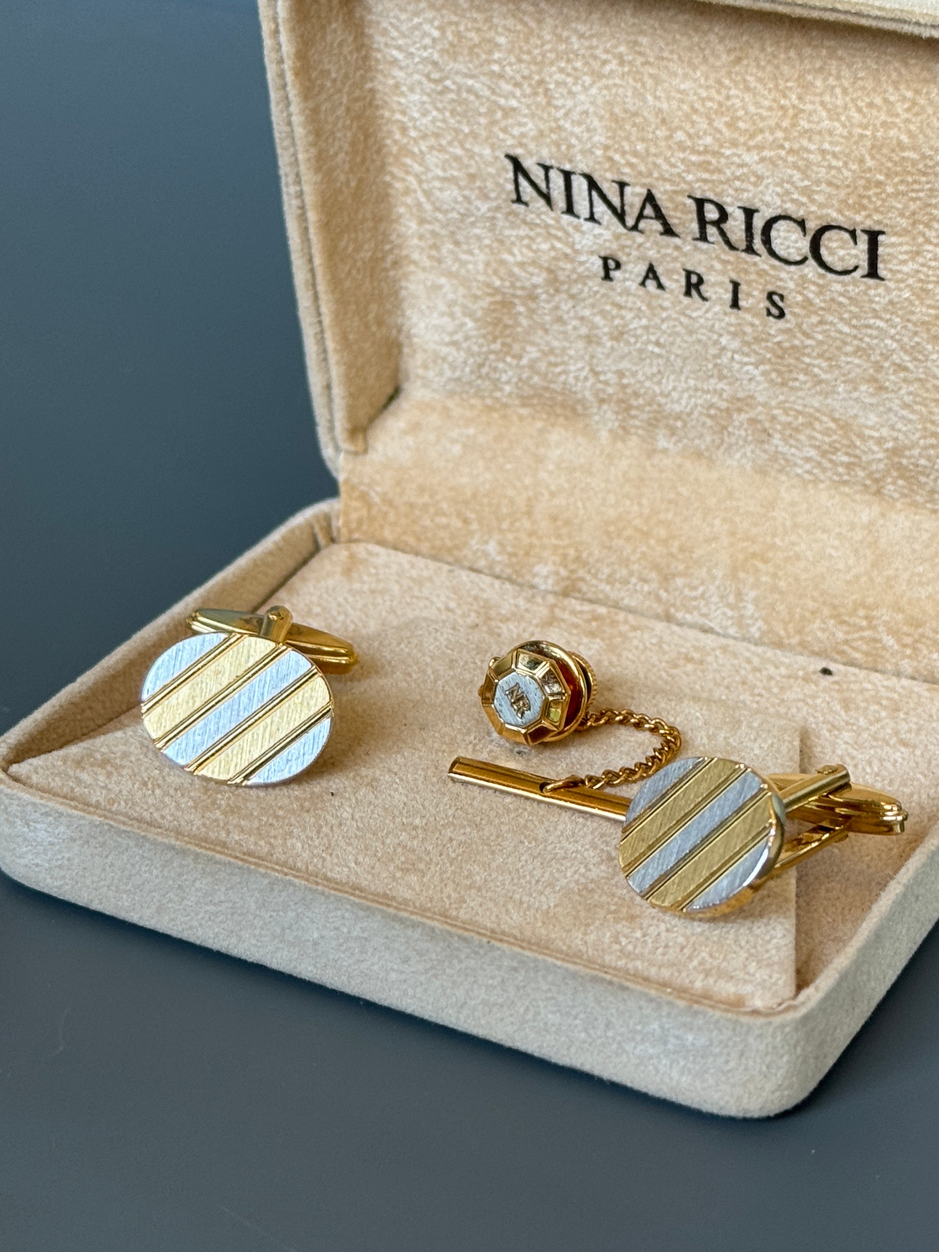 Nina Ricci Paris Gold & Silver Stripe Cufflink Set - Timeless French Men's Elegance