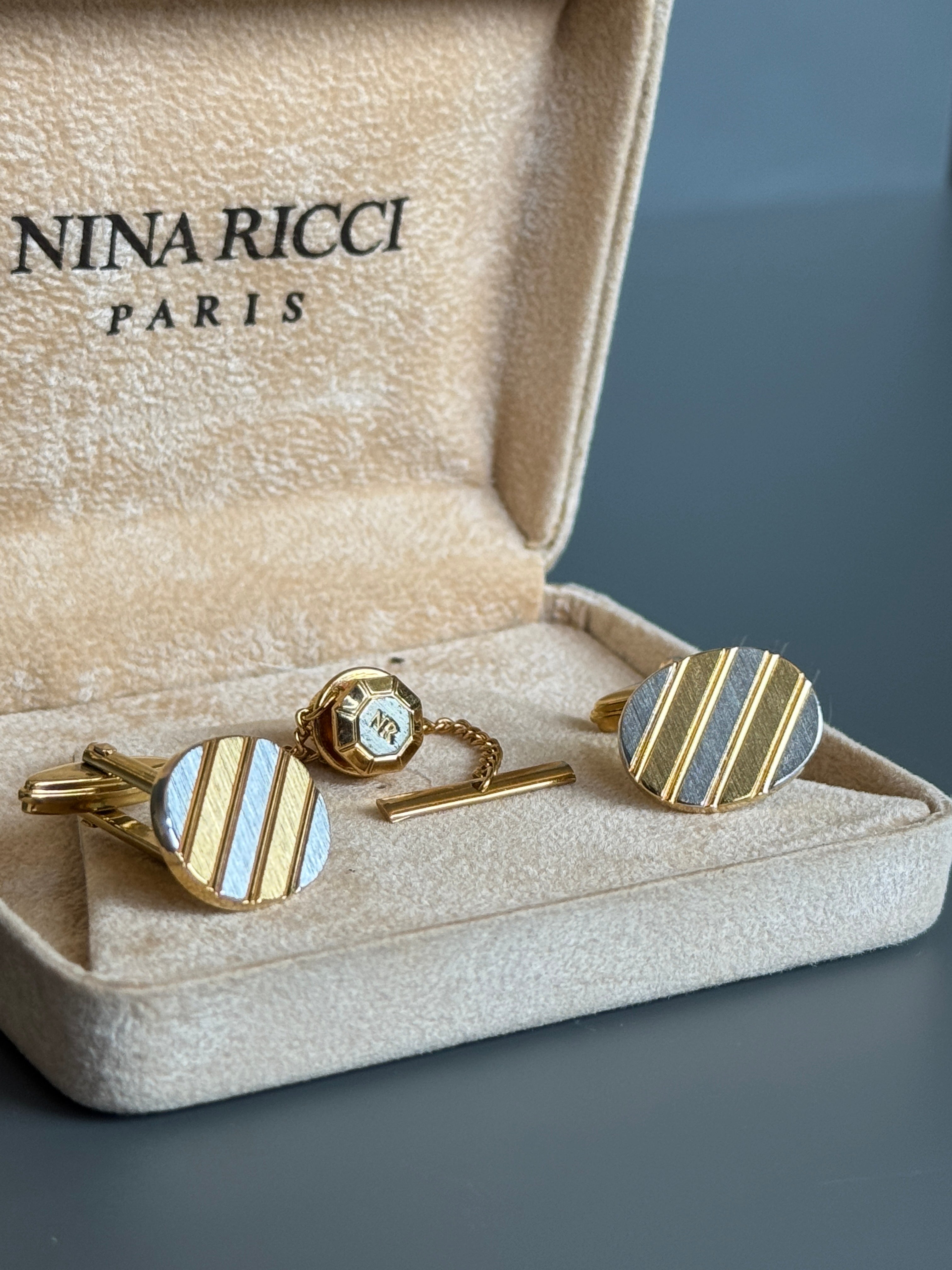 Nina Ricci Paris Gold & Silver Stripe Cufflink Set - Timeless French Men's Elegance