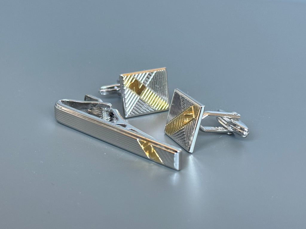 Nina Ricci Paris Men's Accessory Set – Silver & Gold Detailed Cufflinks and Tie Pin | Luxury Gift Box