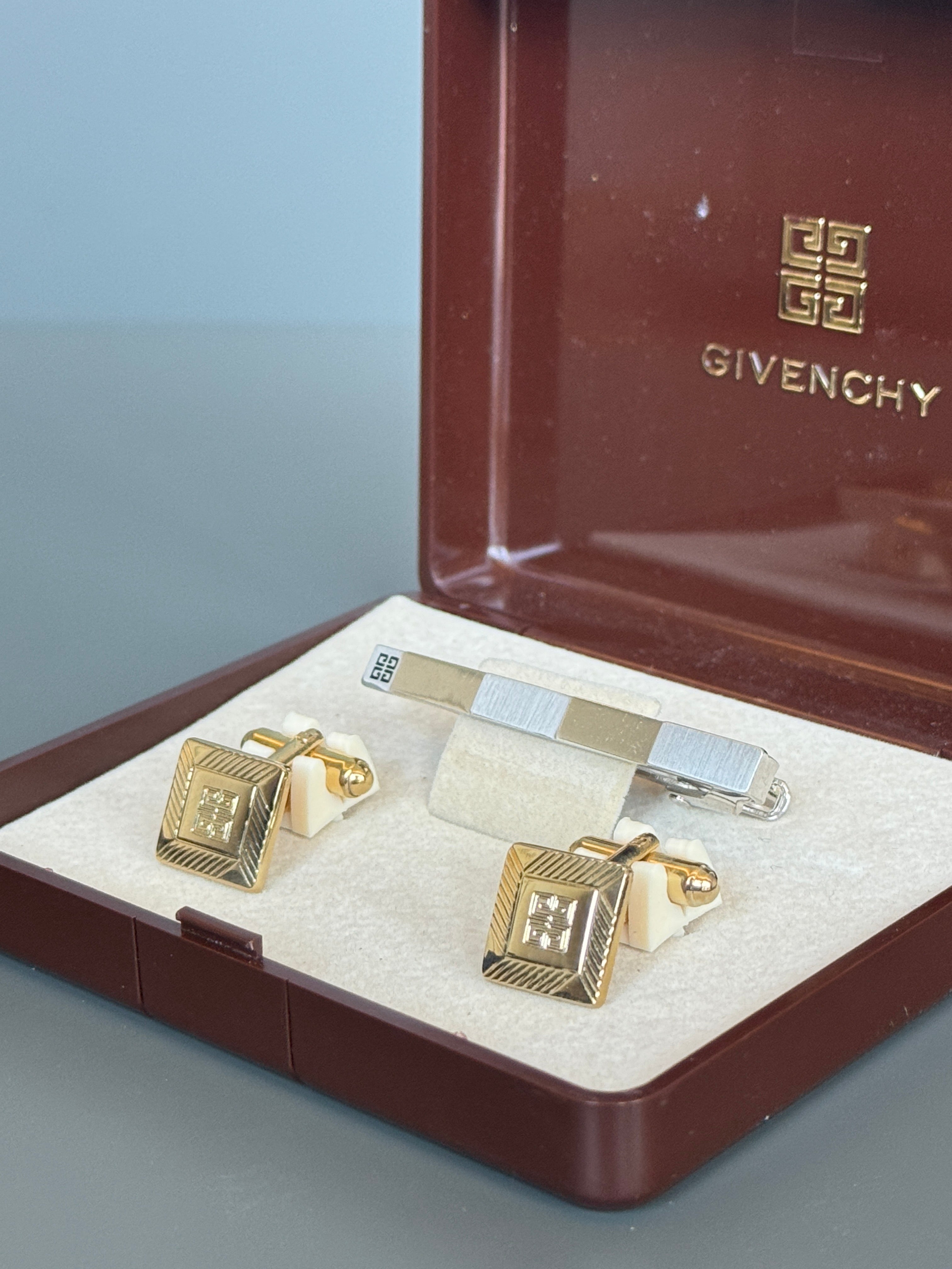 Givenchy Tie Pin & Cufflink Set - Silver & Gold, Iconic Logo (Vintage / Collectible)