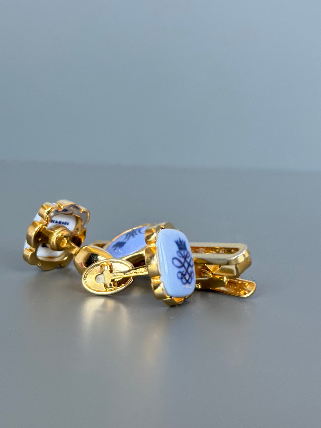 Royal Copenhagen Swank Blue Porcelain Cufflink & Tie Clip Set - Luxury Men's Accessory with Gold Details