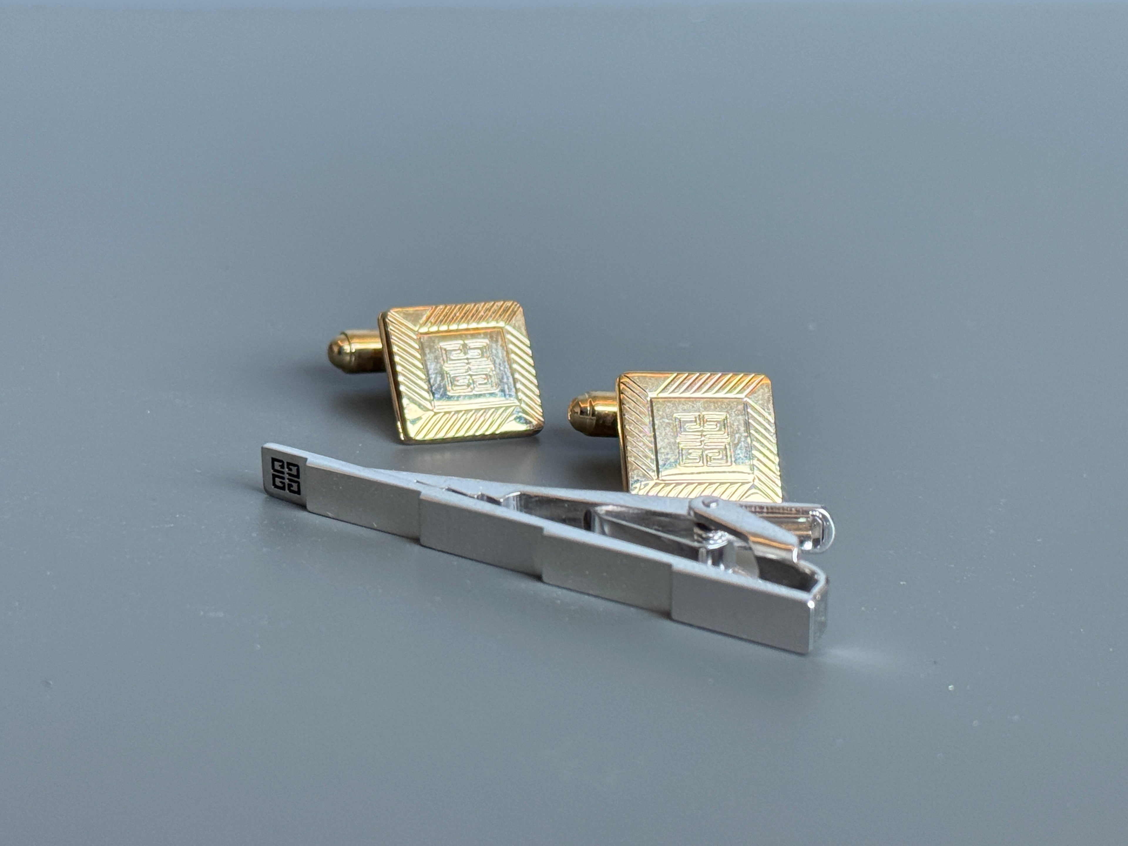 Givenchy Tie Pin & Cufflink Set - Silver & Gold, Iconic Logo (Vintage / Collectible)