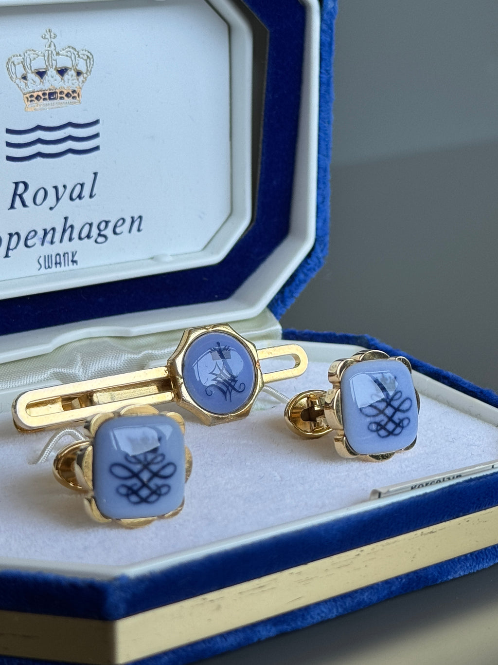 Royal Copenhagen Swank Blue Porcelain Cufflink & Tie Clip Set - Luxury Men's Accessory with Gold Details