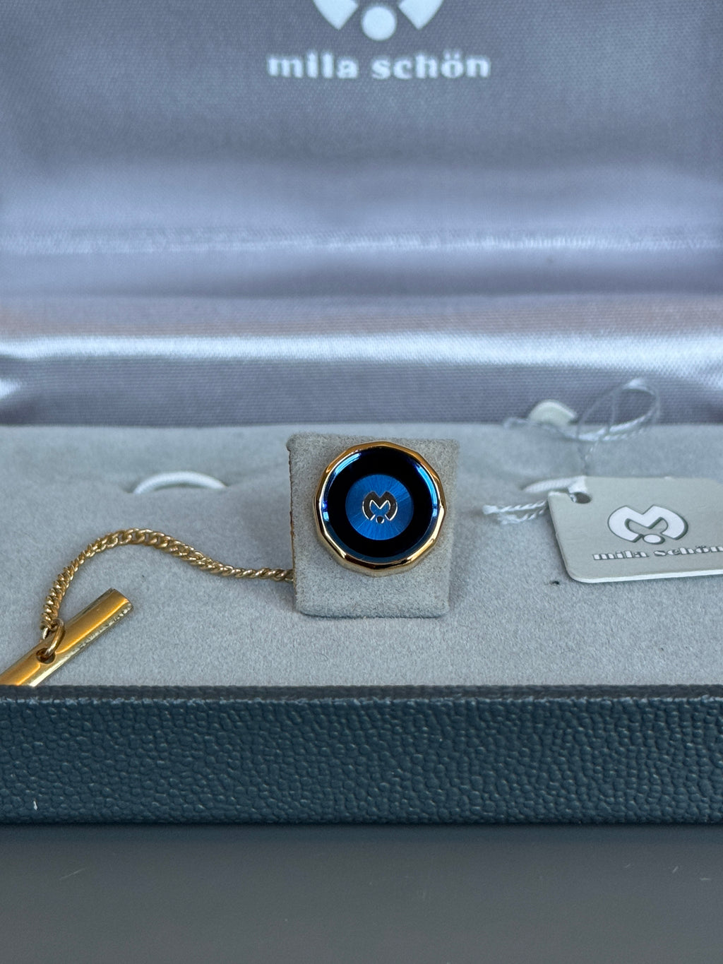 Mila Schön Men's Tie Pin – Blue Stone Luxury Accessory with Gold Detailed Chain