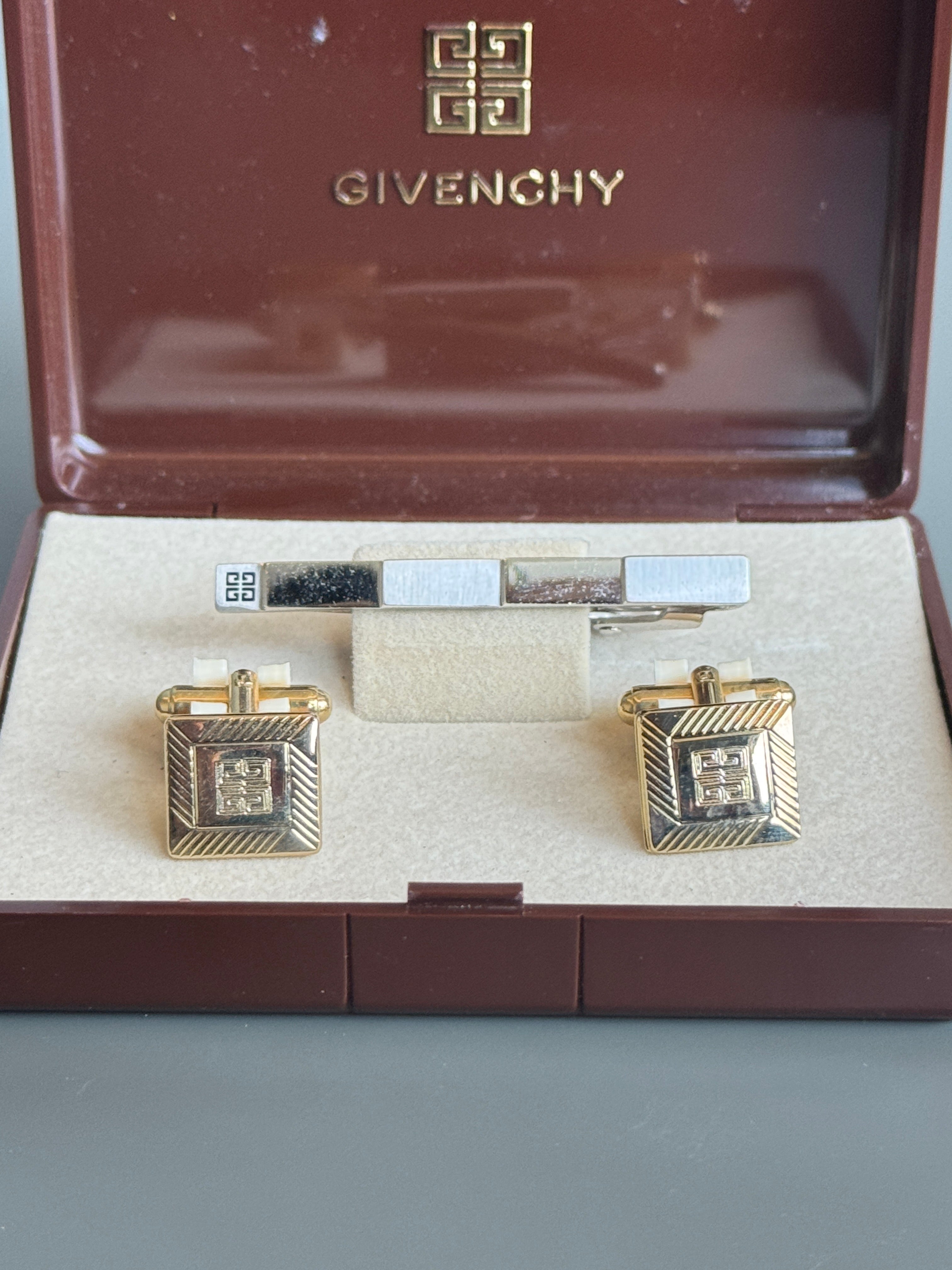 Givenchy Tie Pin & Cufflink Set - Silver & Gold, Iconic Logo (Vintage / Collectible)