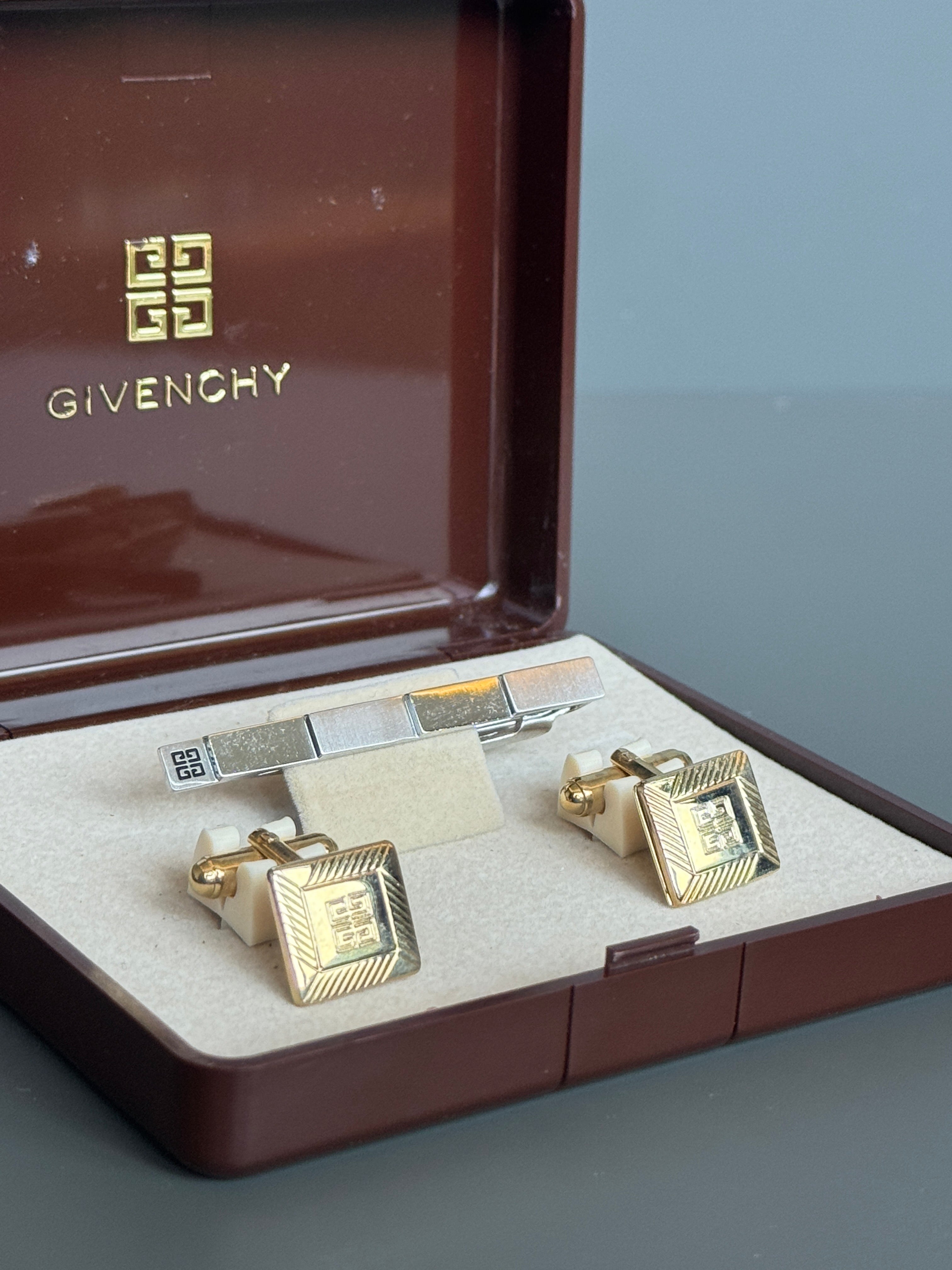 Givenchy Tie Pin & Cufflink Set - Silver & Gold, Iconic Logo (Vintage / Collectible)