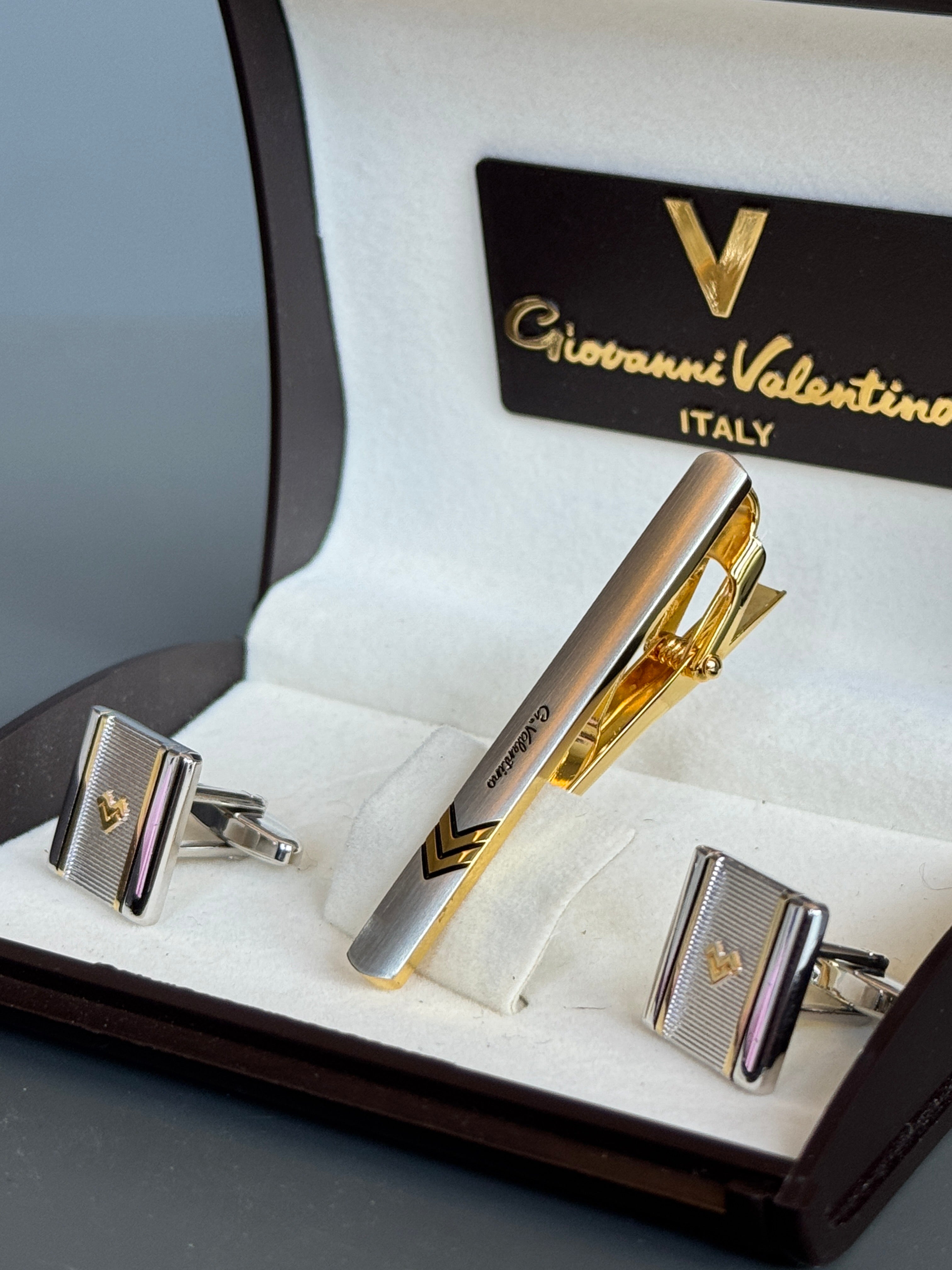 Giovanni Valentino Italy Men's Cufflink & Tie Clip Set - Gold & Silver Design - Stylish Men's Accessories