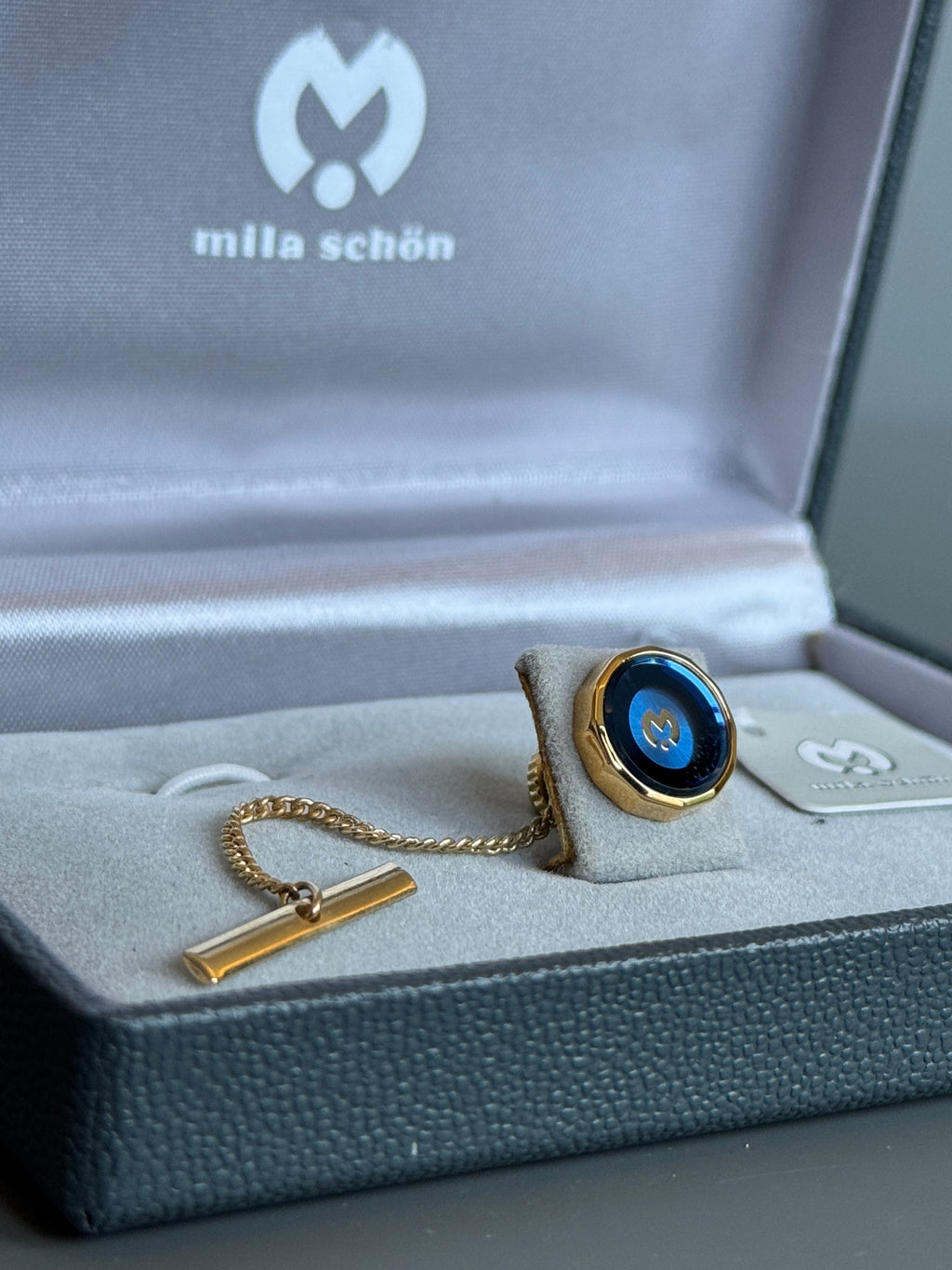 Mila Schön Men's Tie Pin – Blue Stone Luxury Accessory with Gold Detailed Chain